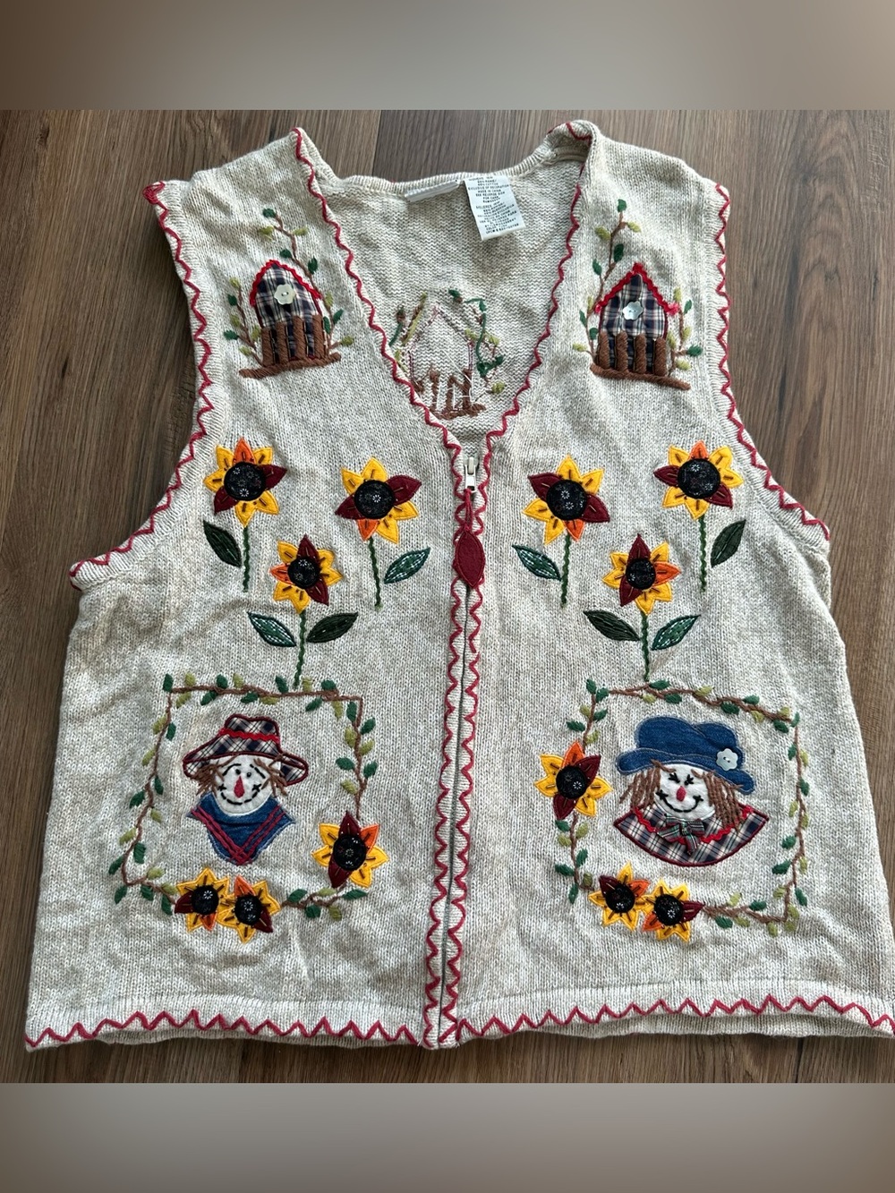 Vtg White Stag Scarecrow Sweater Vest Fall Sunflowers 16W Zip Bead Embroidered